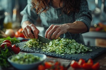 Wall Mural - Woman Chopping Cucumbers for a Salad