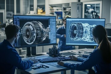 Leinwandbilder - Two workers using a computer in a factory setting.