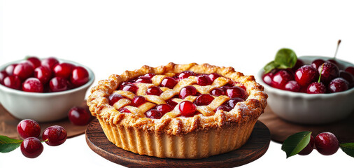 Delicious Homemade Cherry Pie with Fresh Cherries in Bowls on Rustic Wooden Table, Perfect for Dessert Lovers and Bakers, Sweet and Tart Fruit Pie, Bakery, Fresh Ingredients, Traditional Baked Goods