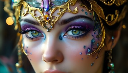 Wall Mural - Vibrant close-up of a womans eyes adorned with fantasy carnival makeup, showcasing intricate designs and bold colors