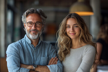 A man and woman stand side by side, smiling confidently.