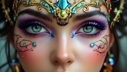 Wall Mural - Vibrant close-up of a womans eyes adorned with fantasy carnival makeup, showcasing intricate designs and bold colors