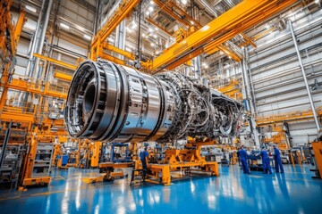 Aufkleber - Workers assembling a large jet engine in a factory