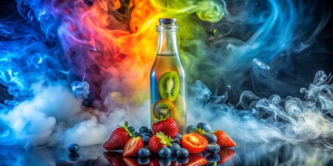 Poster - Glass Bottle Filled with Kiwi Slices and Surrounded by Fruit and Colorful Smoke, Fruit Infused, Smoke Photography, Food Photography , fruit, photography