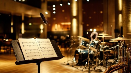 A music stand with sheet music in a dimly lit venue, featuring a drum set in the background.