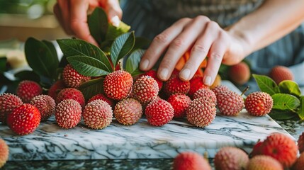 Canvas Print - Freshly Picked Lychees on a Marble Cutting Board