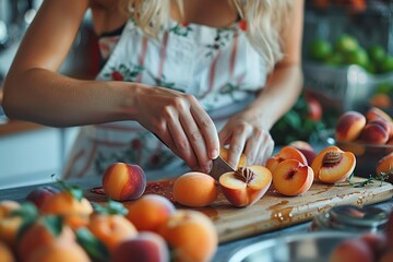 Sticker - Woman cutting peaches for a refreshing summer recipe