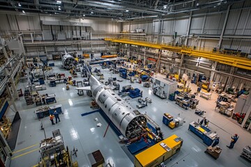 Poster - Airplane in a machinery-filled production area with workers.