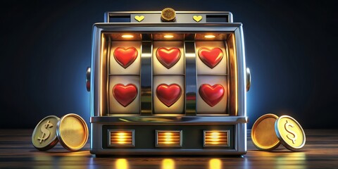 Golden Slot Machine with Hearts, 3D Render, Casino Game, Gambling, Jackpot ,slot machine, hearts