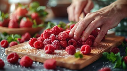 Sticker - Fresh Raspberries on a Cutting Board