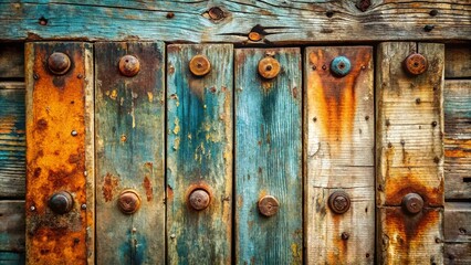 Weathered wooden planks with rusty metal bolts, distressed paint, and worn stone walls, featuring a worn, vintage aesthetic with rich, layered textures and subtle shadows.