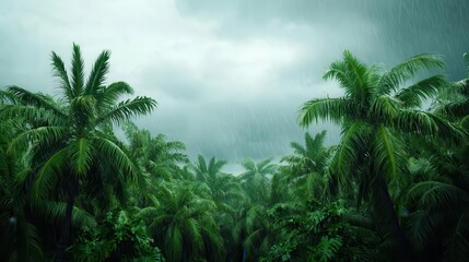 A tropical storm brewing on the horizon, the jungle trees swaying as the wind picks up storm, jungle, tropical wind