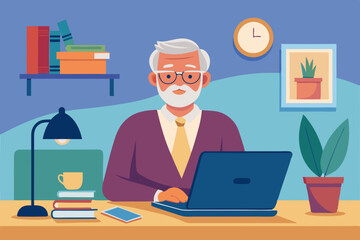 Wall Mural - Vector illustration of an old man in the desk working with a laptop