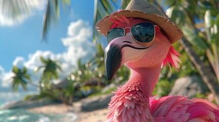 A cartoon flamingo wearing sunglasses and a hat on a tropical beach.