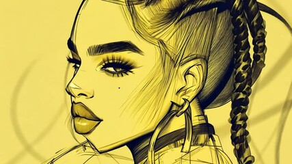 Poster - Braided Woman's Portrait on Bright Yellow Background Generative AI