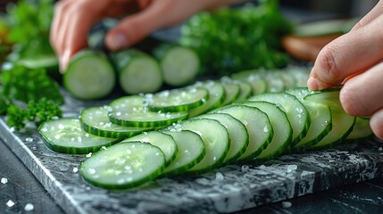 Canvas Print - Cucumber Slices on Cutting Board