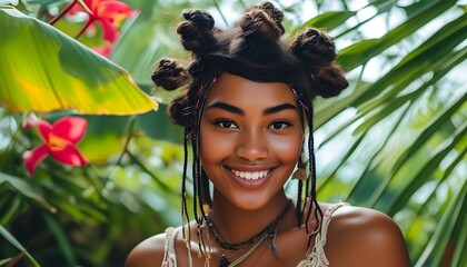 Wall Mural - Joyful African American teenager with braids radiating positivity at vibrant tropical boho festival backdrop