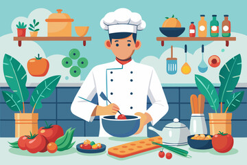 Wall Mural - Vector illustration of a chef wroking in the kitchen