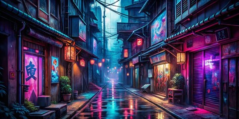 Naklejka na meble Neon-Lit Back Alley in a Cyberpunk Japanese City, Digital Art, Neon Cityscape, Cyberpunk Japan, 8K Resolution, Sci-Fi, Cyberpunk Art