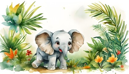 Joyful baby elephant amidst vibrant greenery in a tropical garden, perfect for cheerful home and kids room wall decor