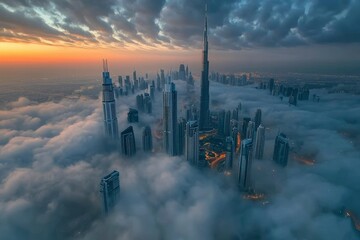 Wall Mural - Dubai Skyline Piercing Through Clouds at Sunset