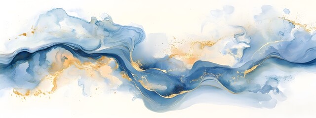 An abstract watercolor painting of flowing liquid gold and silver, in light blue and dark gray tones with hints of copper on a white background