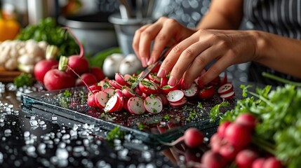 Wall Mural - Radishes being sliced on a cutting board