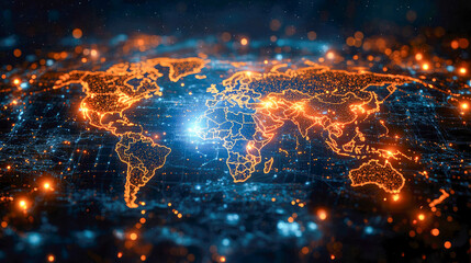 Poster - A digital world map glowing with connected networks, representing global data exchange