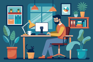 Wall Mural - vector illustration of a man working in the office desk