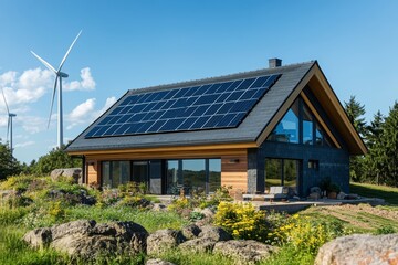 Eco friendly home surrounded by nature featuring solar panels and wind turbines for sustainability