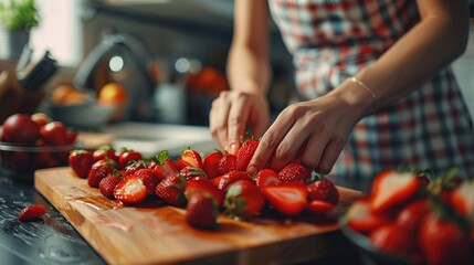 Wall Mural - Woman Preparing Strawberries in Kitchen