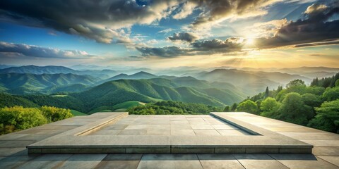 Wall Mural - Stone Platform Overlooking Mountain Ranges at Sunset, Mountains, Landscape, Nature