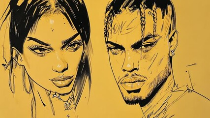 Poster - Vibrant Urban Couple Portrait With Bold Lines Generative AI
