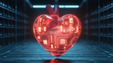 Inside the floating heart, a futuristic cityscape made of glowing circuit lines emerges