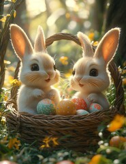 Adorable White Bunnies Sitting in Easter Basket Amidst Natural Greenery