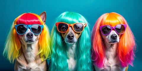 Canvas Print - Three Dogs in Colorful Wigs and Sunglasses, Portrait, Dogs Wearing Wigs, Dogs in Sunglasses, Funny Pets , dog wig, dog sunglasses