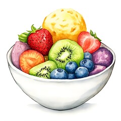 Canvas Print - Watercolor illustration of a bowl of fruit with kiwi, strawberries, blueberries, and a scoop of ice cream.