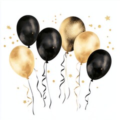 Golden and black balloons with ribbons floating against a light background for celebratory events