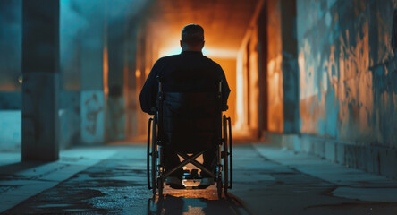 Poster - A man in a wheelchair is walking down a hallway