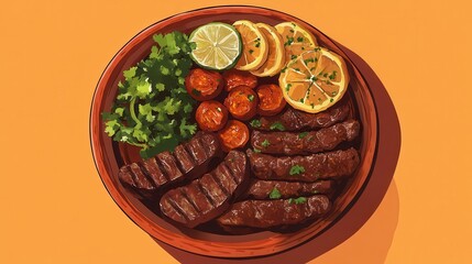 Sticker - Grilled Meats with Citrus and Tomatoes on a Clay Plate