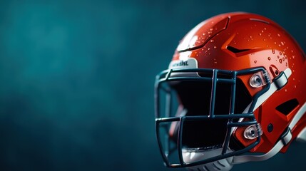 Close-up of a vibrant orange football helmet with water droplets, representing sports equipment and dedication to the game.