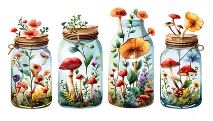 Wall Mural - whimsical watercolor collection of glass jars filled with flowers, plants, and mushrooms on white background