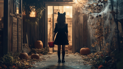 A girl in a black dress is standing in a hallway with pumpkins and a cat mask