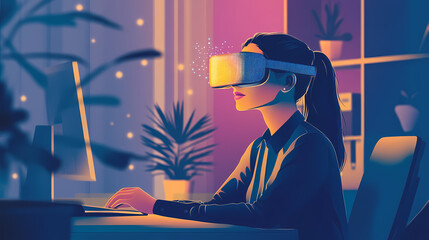 Wall Mural - Woman using ar augmented reality glasses headset at the office - generative ai illustration. Augmented Reality. Illustration