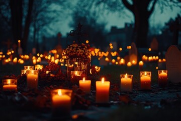 Wall Mural - Many lit candles illuminating a path in the garden at night