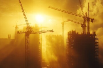 Stunning photography of a large construction site bathed in golden sunlight with cranes