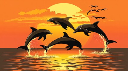 Wall Mural - four dolphins leap from the ocean with splashes of water as the sun sets behind them in an orange sk