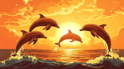 Four dolphins jump in the air against a beautiful sunset with orange clouds and a glistening sea.