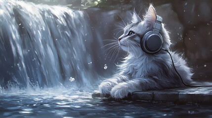 Cute cat listening to music by a waterfall