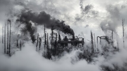 Wall Mural - Industrial Factory Emitting Smoke in a Forest with Bare Trees and Heavy Fog